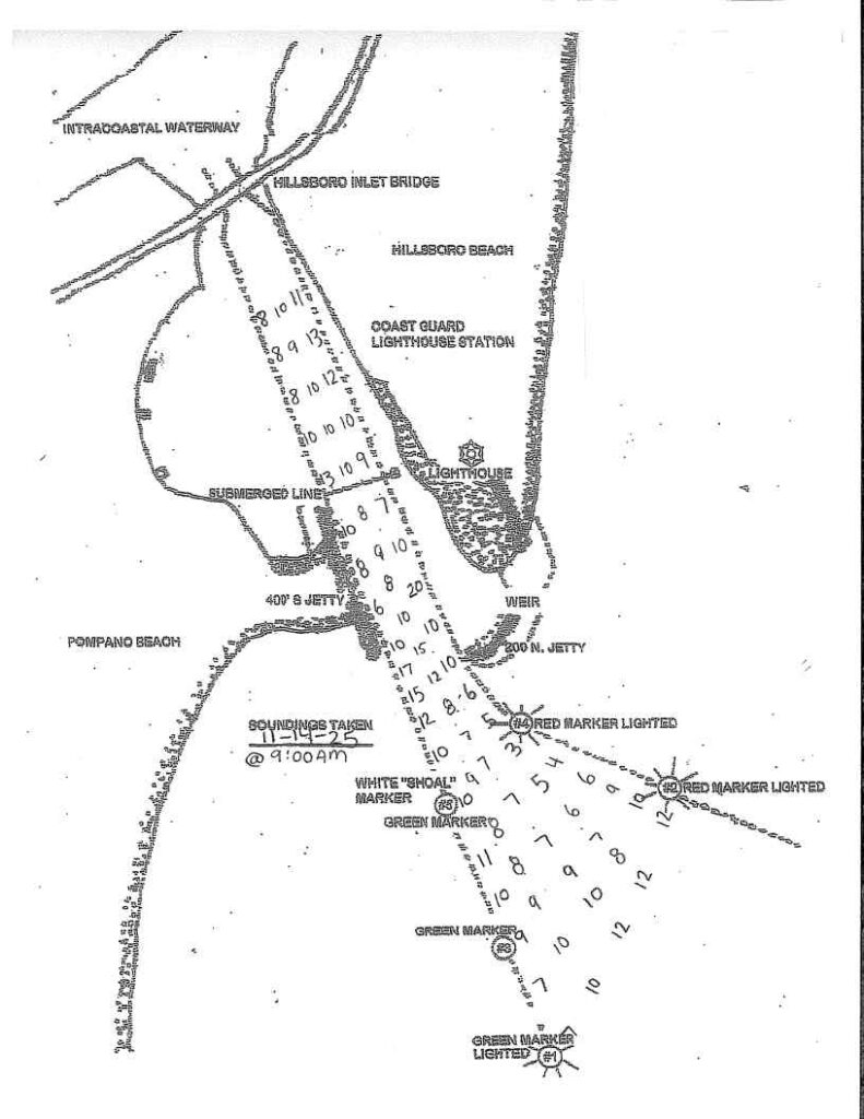 Depth soundings taken from Hillsboro Inlet on November 14, 2025. Do not use for navigation.