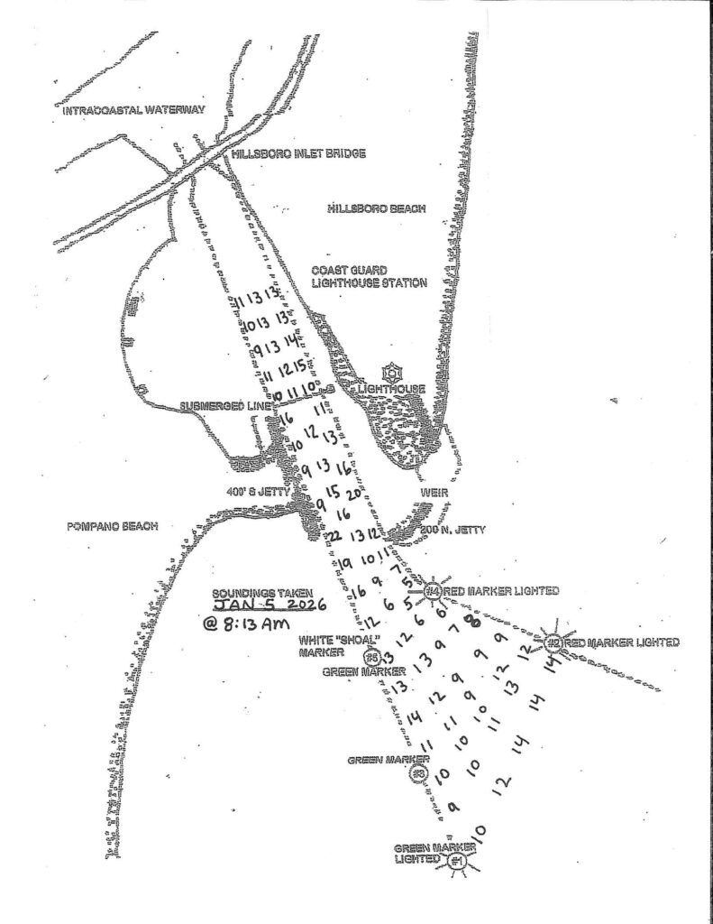 Depth soundings taken from Hillsboro Inlet on January 5, 2026. Do not use for navigation.